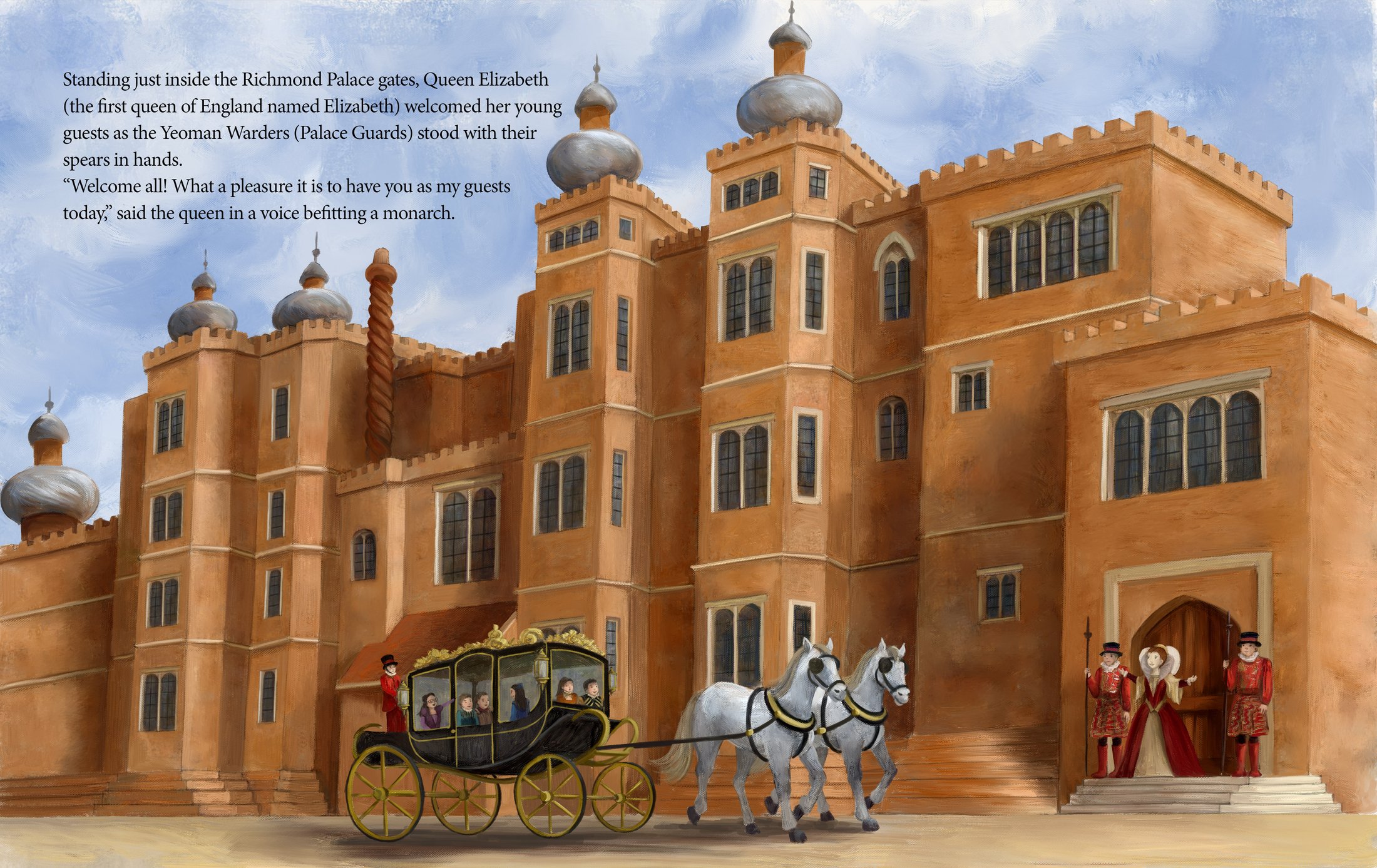 Two-page spread of Richmond Palace with Queen Elizabeth I's carriage arriving, from 'A Globe Within a Globe'.